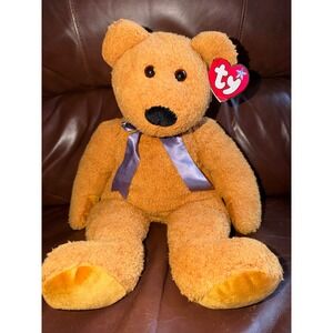 Ty Beanie Buddies Large Fuzz the Bear Amber Plush Purple Ribbon 1999 Vintage
